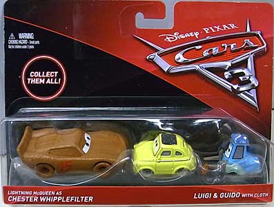 MATTEL CARS 3 2PACK LIGHTNING McQUEEN AS CHESTER WHIPPLEFILTER & LUIGI & GUID WITH CLOTH 台紙傷み特価